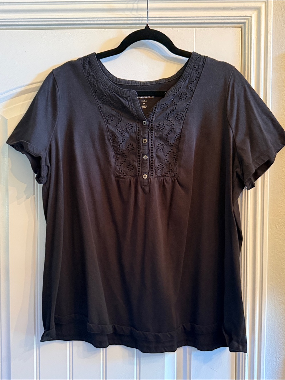 Woman Within Black Eyelet Henley Short Sleeve Tee